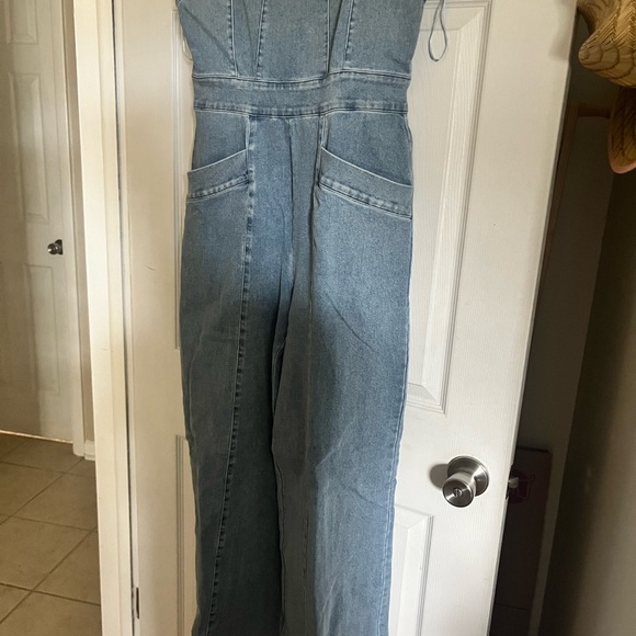 Wide Leg Denim Jumpsuit - Picture 6 of 6